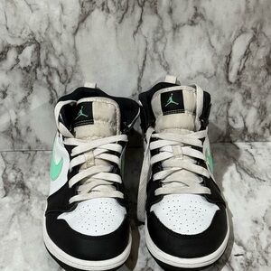 Kids Air Jordan 1 Mid Nike Black,  White, Turquoise Sneakers- Green Glow Mid